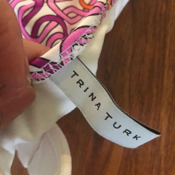 Trina Turk Pink and orange printed bathing suit top halter top. Size small - Picture 3 of 6